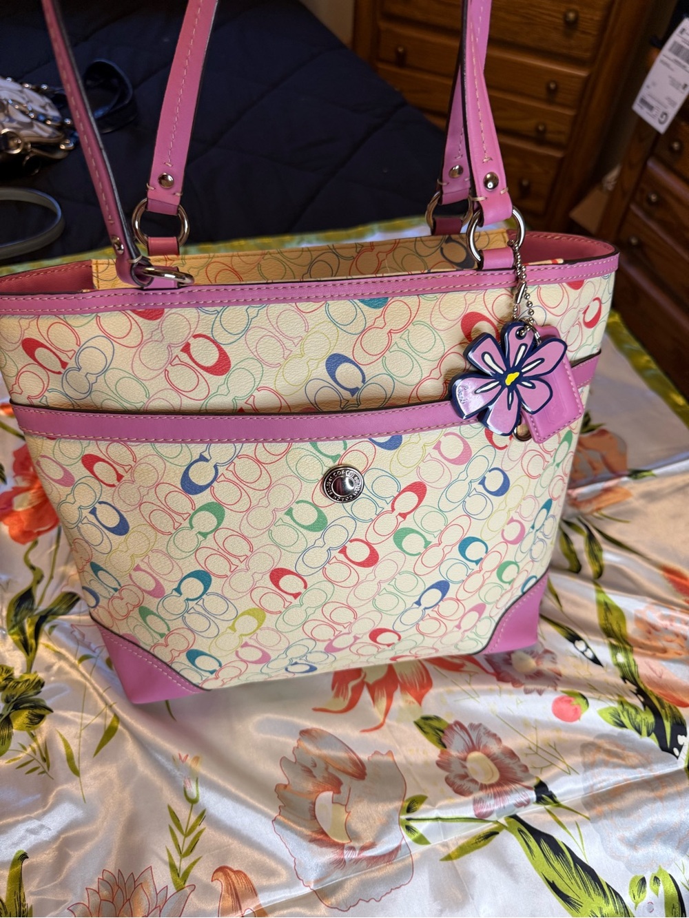 Coach Heritage Chelsea Multicolor Signature Tote Pink Trim + Flower Charm